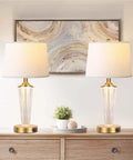 Gold Finish Table Lamp Set Of 2 With Night Lights And USB Ports in living room, featuring white lampshades and dual USB charging.