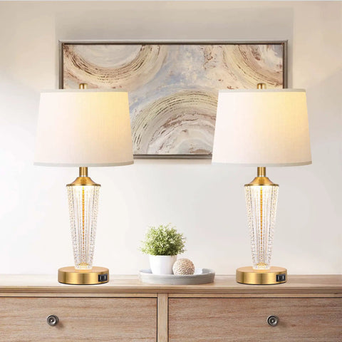 Gold Finish Table Lamp Set Of 2 With Night Lights And USB Ports in living room, featuring white lampshades and dual USB charging.