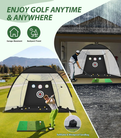 All In One 10x7ft Golf Practice Net Set With Foldable Tri Turf Hitting Mat in use outdoors and indoors with golf mat and scoreboard.