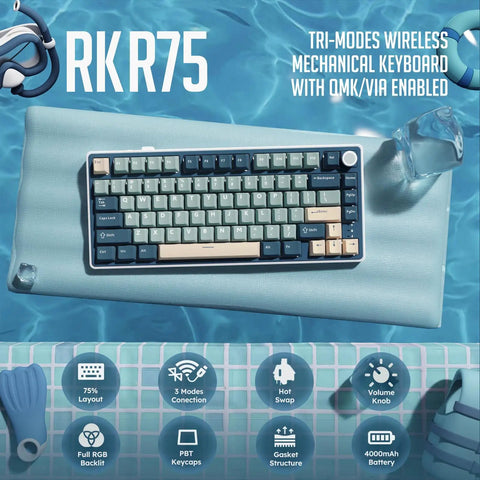 Dope 75 Percent Wireless Mechanical Gaming Keyboard Featuring Tight Gasket Mount And Smooth Triple Mode Bluetooth 2.4Ghz Connectivity Hot Swappable Cream Switches With Durable Pbt Keycaps And Epic Rgb Backlighting on a blue mat in water.