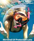 Person underwater wearing Anti Fog 180 Degree Panorama Snorkel Set For Adults With Dry Top Mask And Tempered Glass Goggles.
