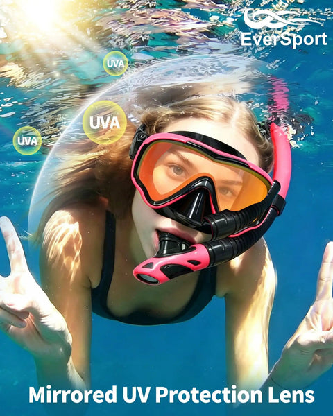 Person underwater wearing Anti Fog 180 Degree Panorama Snorkel Set For Adults With Dry Top Mask And Tempered Glass Goggles.
