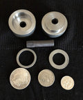 Coin Ring Puncher And Spacer Set With Four Gold Tone Punches For Jewelry Making Tools displayed on black background.