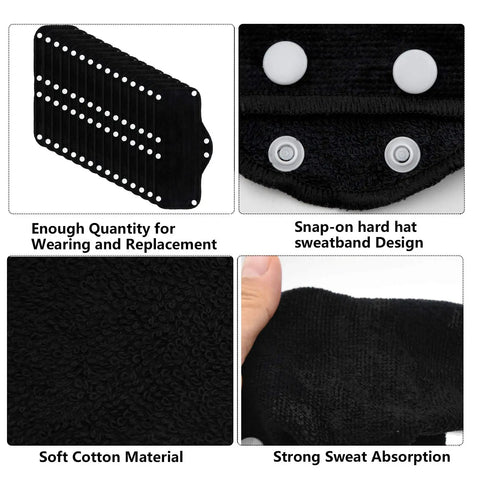 15 Pack Cotton Washable Hard Hat Sweatbands With Snap On Liner Reusable Terry Sweatband Black, material detail, snaps