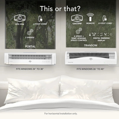 Comparison image of Portal and Transom window fans, showcasing features and specifications for horizontal window installation.