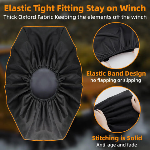 Savage MUAKIOY Winch Cover Heavy Duty Waterproof Protection For 12K Off Road Electric Winches, elastic design for tight fit.