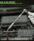 Mechanic using All In One 11 Piece Spark Plug Socket Set With Three Eighth Inch Drive Ratchet Gapper Universal Joint And Three, Six, Ten Inch Extensions Sizes Five Eighths Three Quarters Thirteen Sixteenths Fourteen And Eighteen Millimeter Six Point Sockets With Rubber on engine.