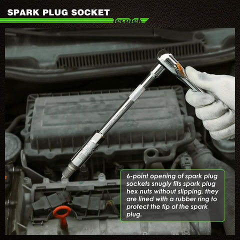 Mechanic using All In One 11 Piece Spark Plug Socket Set With Three Eighth Inch Drive Ratchet Gapper Universal Joint And Three, Six, Ten Inch Extensions Sizes Five Eighths Three Quarters Thirteen Sixteenths Fourteen And Eighteen Millimeter Six Point Sockets With Rubber on engine.