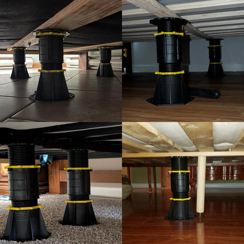 Heavy Duty Adjustable Bed Support Legs Gonna Stay Put All Night Long Zero Wobble Build shown from various angles under a bed.