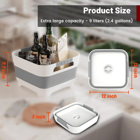 Collapsible Wash Basin With Drain Plug 2.4 Gallons For Kitchen And Camping, expanded and folded views, dimensions labeled.