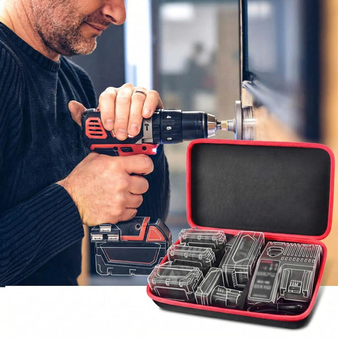 Beefy Extra Large Hard Case For Milwaukee M12 M18 And 18V 20V Tool Batteries And Charger in use next to a man drilling