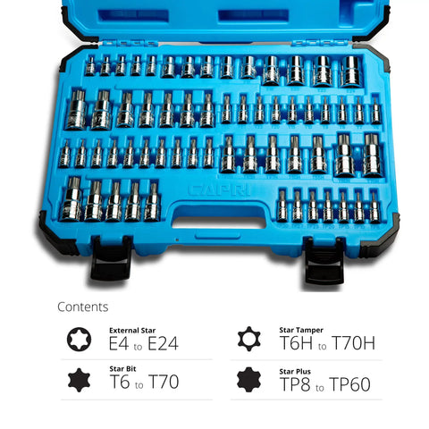 Master Torx Star Socket Set 60 Piece Drop Forged S2 Steel Bits with Chrome Vanadium Sockets in a blue case.
