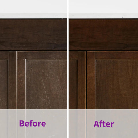 Before and after using Cabinet And Furniture Restorer For Scratch Fills, Crystal Shine Finish, And Long Lasting Protection on wood surfaces.