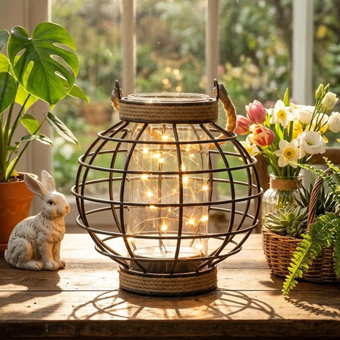 Battery Powered Metal Cage LED Lantern 7.3 Inch Tall Cordless Accent Light With 20 Fairy Lights indoors next to plants and figurine.