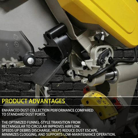Dust Collection Adapter For 12 Inch Sliding Miter Saws With Vacuum Hose Connector on saw, close-up view of installed adapter.