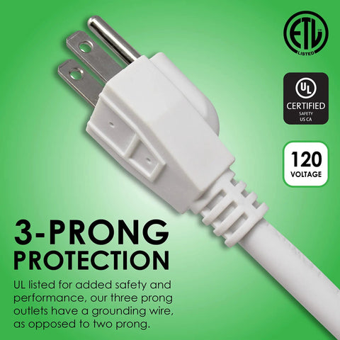 Close-up of plug on Long Reach 50 Foot 6 Outlet Surge Protector Power Strip With Lighted On And Off Switch 350 Joules 15 Amp 120 Volt 14 Gauge Wire.