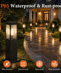 Slick Hardwired Outdoor Pathway Lights E26 Socket 23 Inch Tall illuminated pathway in rain with waterproof design and warm glow.