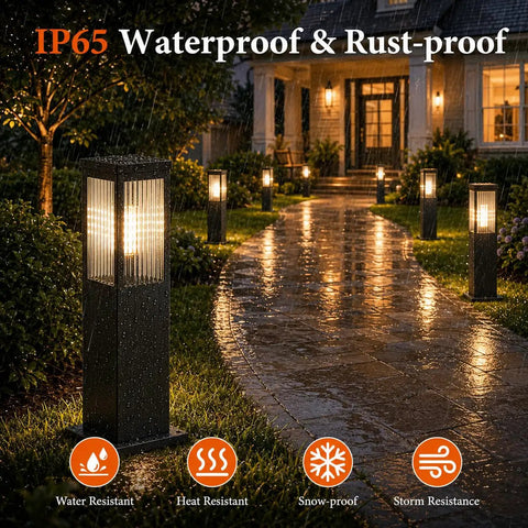 Slick Hardwired Outdoor Pathway Lights E26 Socket 23 Inch Tall illuminated pathway in rain with waterproof design and warm glow.