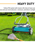 Lighted 50 Ft Outdoor Extension Cord With 3 Outlets Heavy Duty 14 Gauge 3 Conductor SJTW Bright Yellow Cable connected to a lawn mower