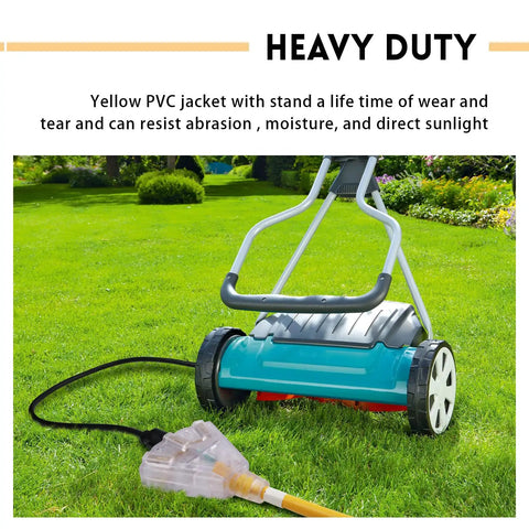 Lighted 50 Ft Outdoor Extension Cord With 3 Outlets Heavy Duty 14 Gauge 3 Conductor SJTW Bright Yellow Cable connected to a lawn mower
