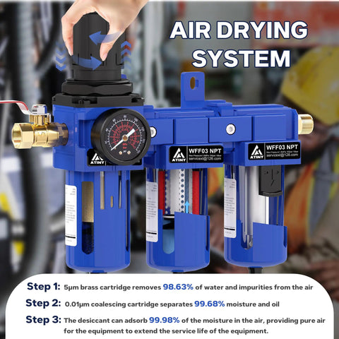 Three Eighths Inch NPT Three Stage Air Drying System With Air Regulator And Coalescing Filter 5 Micron And 0.01 Micron