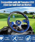 12.5 Inch Universal Golf Cart Steering Wheel Blue Dope Racing Style Fits EZGO TXT RXV Club Car DS Precedent Yamaha And Most Golf Carts With Adapter Not Included Sold Separately, installed on golf cart with scenic course in background.