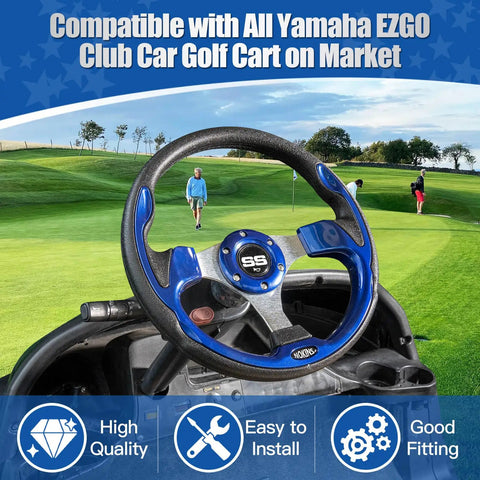 12.5 Inch Universal Golf Cart Steering Wheel Blue Dope Racing Style Fits EZGO TXT RXV Club Car DS Precedent Yamaha And Most Golf Carts With Adapter Not Included Sold Separately, installed on golf cart with scenic course in background.