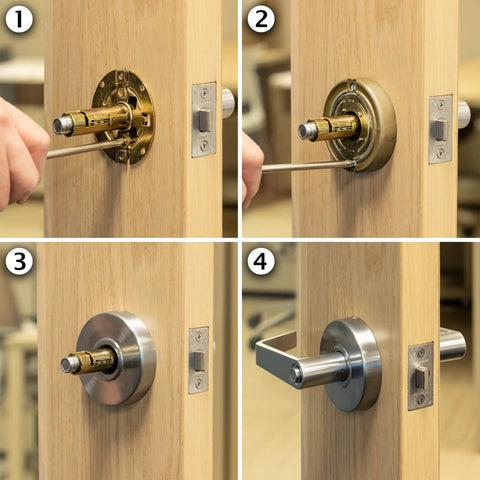 Installation process of Privacy Door Lock With Lever Handle For Commercial Interiors Brushed Chrome Finish Built Tough Heavy Duty Lock.