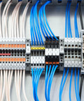 Dual Row 3 Position Wire Barrier Block Terminal Strip 600V 100A with clear insulating cover installed in electrical panel