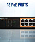 Front view of High Power PoE Plus 16 Port Switch With 120W Budget, 1 Gigabit Uplink And 1 SFP Uplink, 19 Inch Rackmount Desktop Design