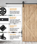6.6 Foot Heavy Duty Sliding Barn Door Hardware Kit With Industrial Big Wheel J Hangers For Wood Doors Fits Doors 1 3 8 To 1 3 4 Inch Thick And 40 Inch Wide Panels Black Finish Pro Grade For Home Garage Barn And Farmhouse DIY Projects, showing wooden door with hardware installed and parts labeled.