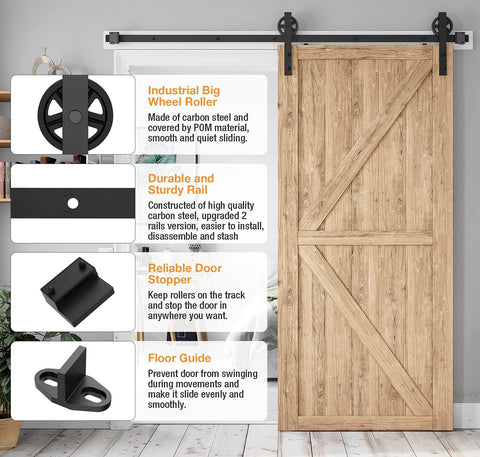 6.6 Foot Heavy Duty Sliding Barn Door Hardware Kit With Industrial Big Wheel J Hangers For Wood Doors Fits Doors 1 3 8 To 1 3 4 Inch Thick And 40 Inch Wide Panels Black Finish Pro Grade For Home Garage Barn And Farmhouse DIY Projects, showing wooden door with hardware installed and parts labeled.
