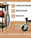 Heavy Duty Basketball Storage Rack With 3 Shelves And Rolling Wheels features lockable brakes and heavy-duty design