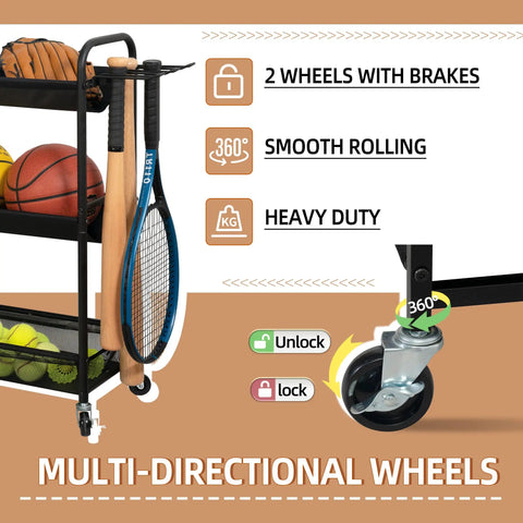 Heavy Duty Basketball Storage Rack With 3 Shelves And Rolling Wheels features lockable brakes and heavy-duty design