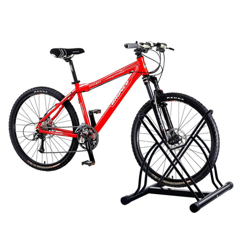 Red mountain bike in Mighty Rack Two Bike Floor Stand For Easy Clamp-Free Bicycle Parking, Heavy Duty Tubular Steel Construction Lets You Roll In Two Bikes At Once And Walk Away, Versatile Indoor Bike Park Solution For Garage Or Home.