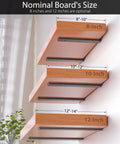 Heavy Duty 6 Pack Floating Shelf Brackets 10 Inch Hidden L Brackets holding wood shelves in different sizes on white wall.
