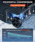 Powerful compressor and wheels on Massive 69 Quart 12V Portable Refrigerator And Freezer Cart for quick cooling.