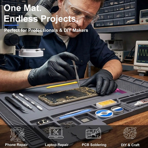 Top Tier Heat Resistant Silicone Soldering Mat With Magnetic Screw Retainer Tray Heavy Duty Electronics Workboard in use
