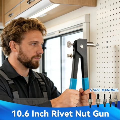 Man using 11 Inch Hand Rivet Nut Gun Kit With 5 Mandrels M3 M4 M5 M6 M8 And 80 Rivet Nuts Pro Grade Heavy Duty Easy Nutsert Tool