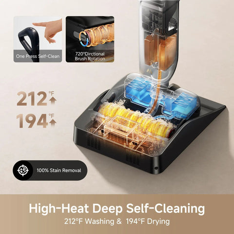 Zero Drama Cordless Wet And Dry Vacuum Cleaner Killing Sticky Messes With 20000Pa Suction, showing 212°F washing feature.