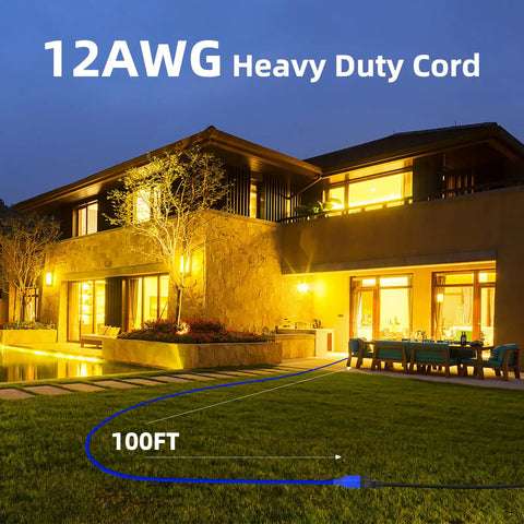 Heavy Duty 12 Gauge Outdoor Extension Cord 100 Ft Long Waterproof Power Cable for lawn use during evening.