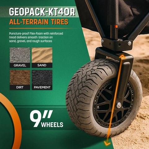 9-inch off-road wheel of an All Terrain Beach Wagon With Big 9 Inch Off Road Wheels For Sand, extra large utility cart on sand