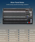 Gig Ready 16 Channel USB Audio Mixer With 48V Phantom Power, XLR Inputs, and detailed panel showing 99 DSP effects controls