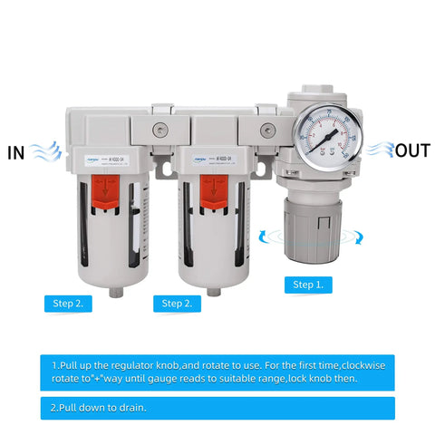 Beefy Half Inch NPT Air Drying System With Dual 5 Micron Brass Filters And Regulator Combo shown with gauge and controls