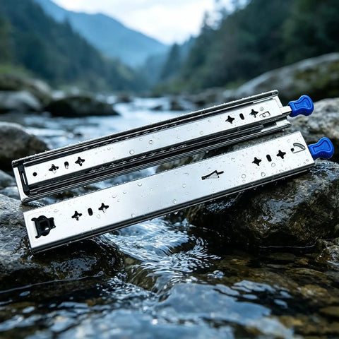 Heavy Duty Side Mount Drawer Slides Double Ball Steel Track Built Tough As Nails With Bidirectional Locking For Bedroom Drawers resting on wet stones near a river.