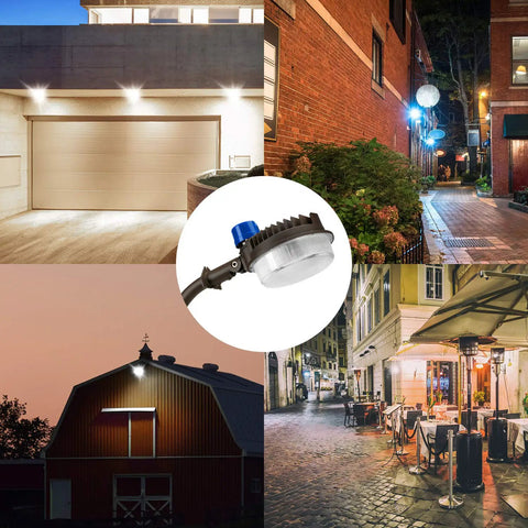 Two Pack 120W LED Barn Lights illuminating various outdoor spaces, demonstrating wide-area coverage and security lighting.
