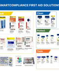 SmartCompliance first aid catalog page showing assorted workplace medical supplies and kits