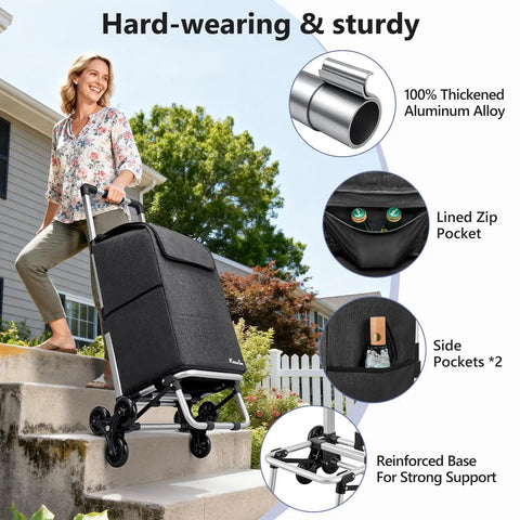 Woman using 2 In 1 Aluminum Stair Climbing Cart With Foldable Frame And Waterproof Oxford Bag 300 Pounds Capacity on steps