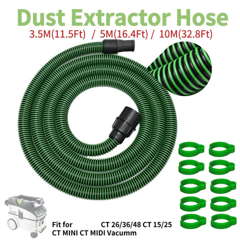 Ultra-Flexible Dust Extractor Hose D27/32mm Compatible With Festool Systems, 3.5M length, green, ideal for dust collection on power tools.