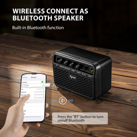 Mini Guitar Amp 5W Portable Practice Amplifier With Clean And Drive Two Channel Effects Bluetooth Speaker, hand connecting via Bluetooth.